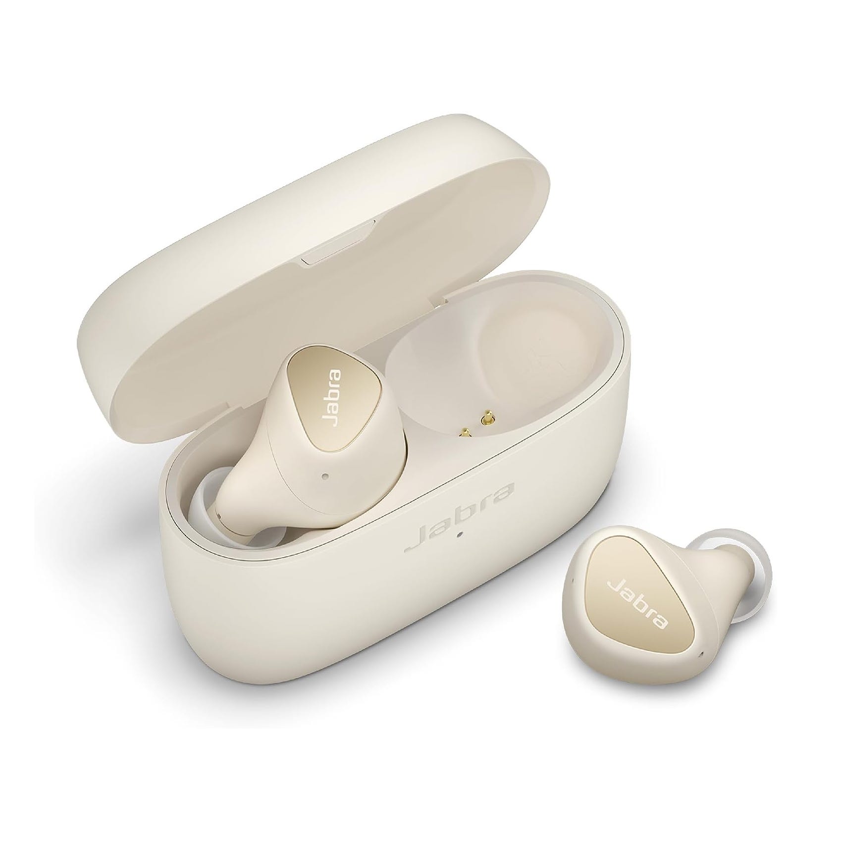 A pair of white Jabra wireless earbuds with a matching charging case, partially open.