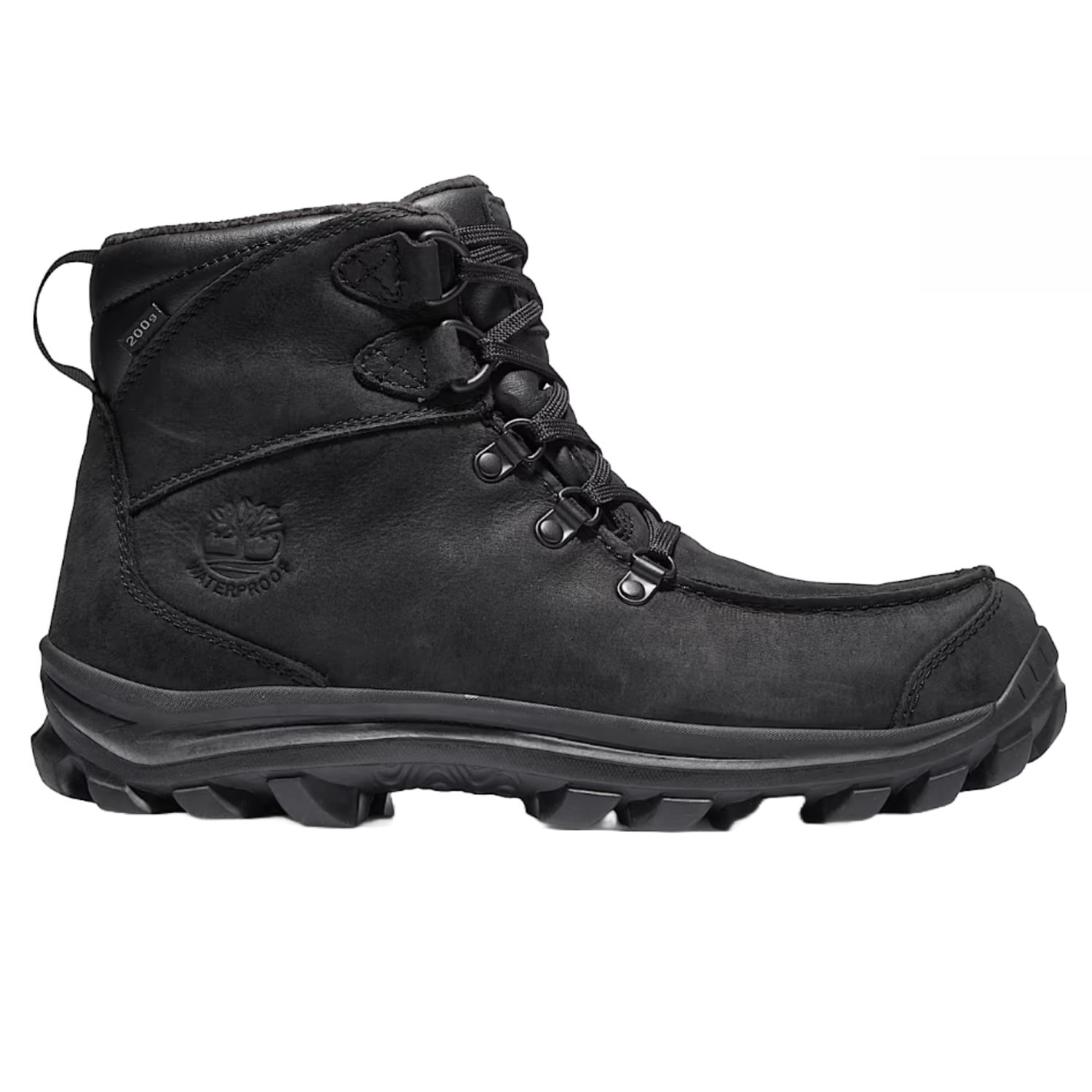 Black Timberland Chillberg Hiking Boots feature a waterproof design with a high-cut ankle, sturdy treaded sole, leather upper, and metal eyelets for lacing, providing durability and support for outdoor activities.