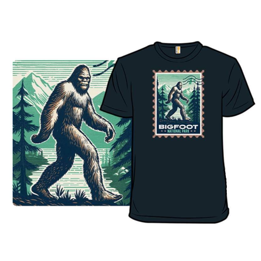 A black t-shirt with a Bigfoot design and a matching illustration of Bigfoot in a forest on a separate background.