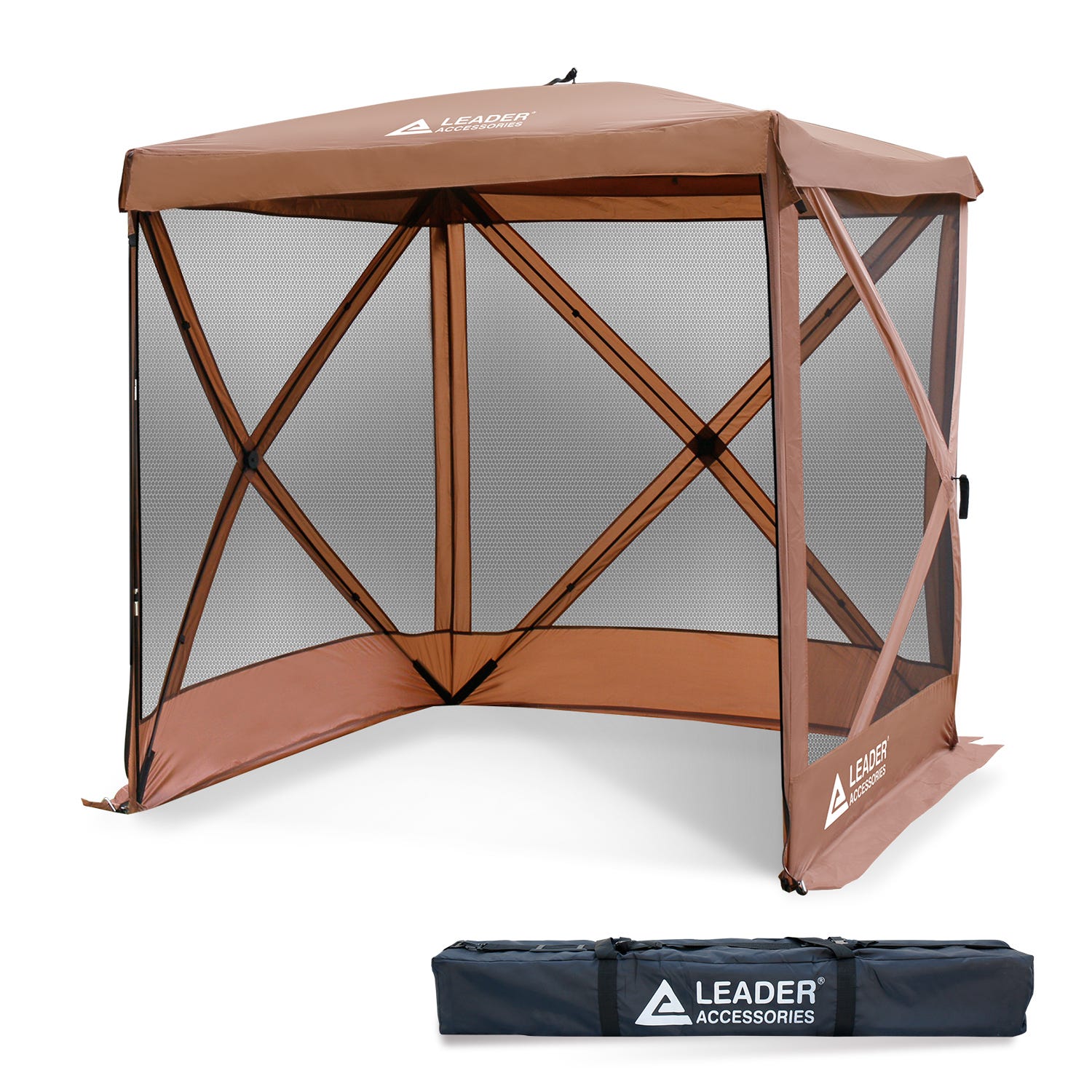 Brown pop-up canopy with mesh sidewalls and a carrying bag.