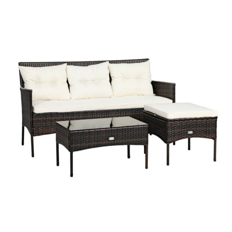 3-piece patio sectional set with dark wicker frame, featuring a cushioned three-seat sofa, a rectangular glass-top coffee table, and a matching cushioned ottoman. The cushions are off-white, adding a modern touch to outdoor seating.