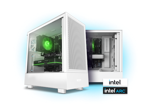 Two computer towers with a white exterior, showcasing internal components illuminated by green lighting, bear the Intel and Intel ARC branding.