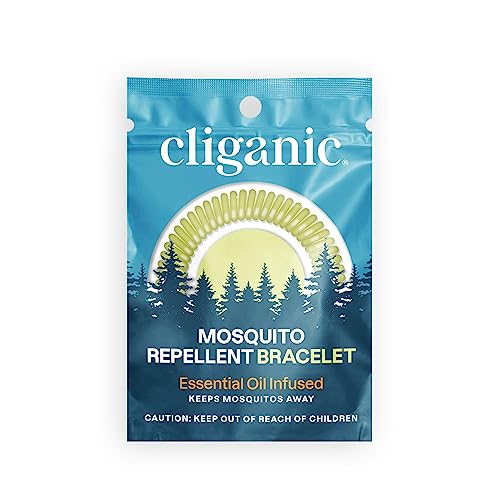A 10-pack of Cliganic mosquito repellent bracelets displayed in a blue package with trees, emphasizing that they are essential oil-infused and cautioning to keep them out of reach of children.