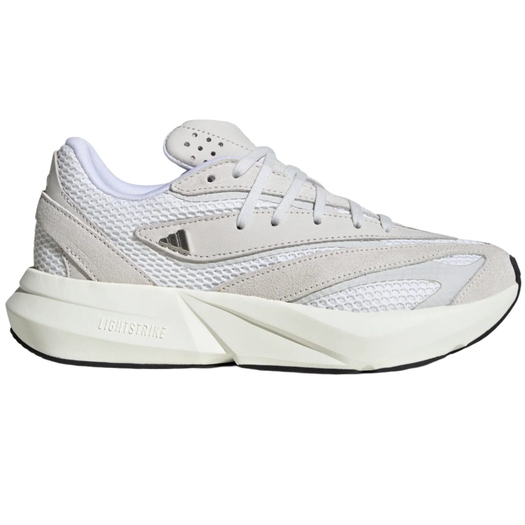 A white and light gray athletic sneaker featuring a mesh upper with suede overlays, Lightstrike cushioning, and a low-profile design with black and white sole.