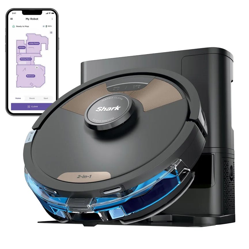Shark robotic vacuum and mop with self-emptying dock, featuring app-controlled mapping for customized cleaning.