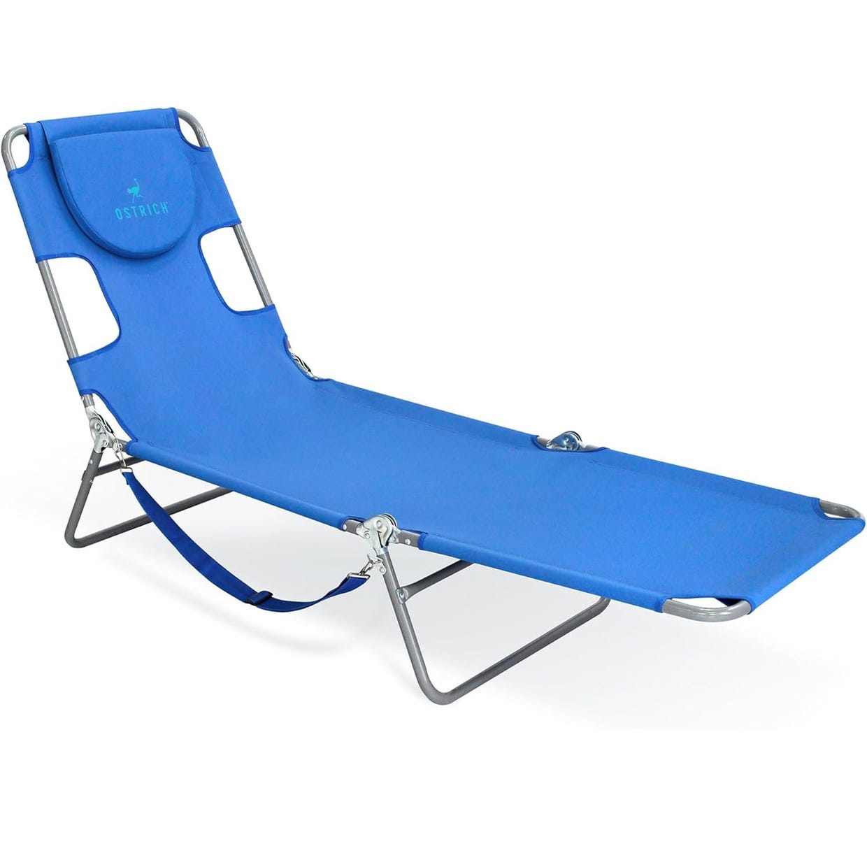 Blue folding beach lounger with a headrest and armholes.