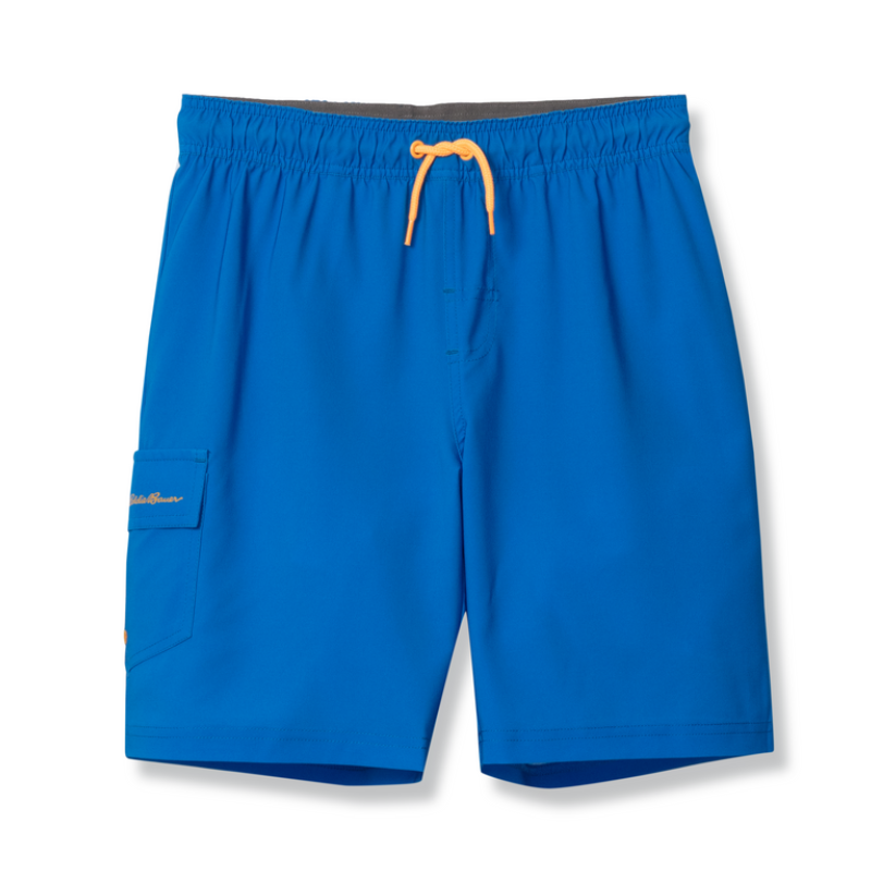 Blue swim shorts with an elastic waistband and orange drawstring, featuring a side pocket with subtle branding.