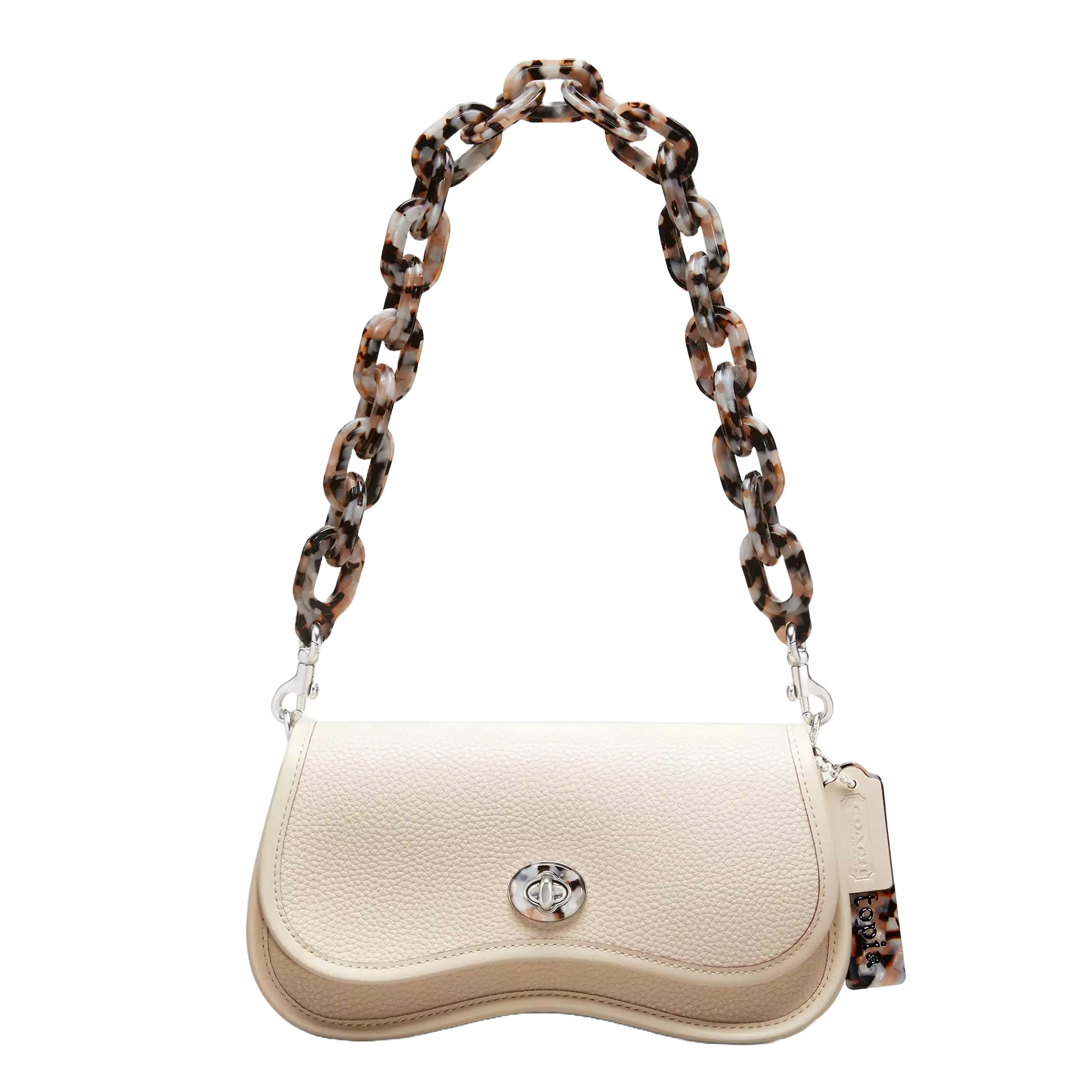 Cream-colored handbag with a textured surface, featuring a twist-lock closure and a tortoiseshell-pattern chain strap.