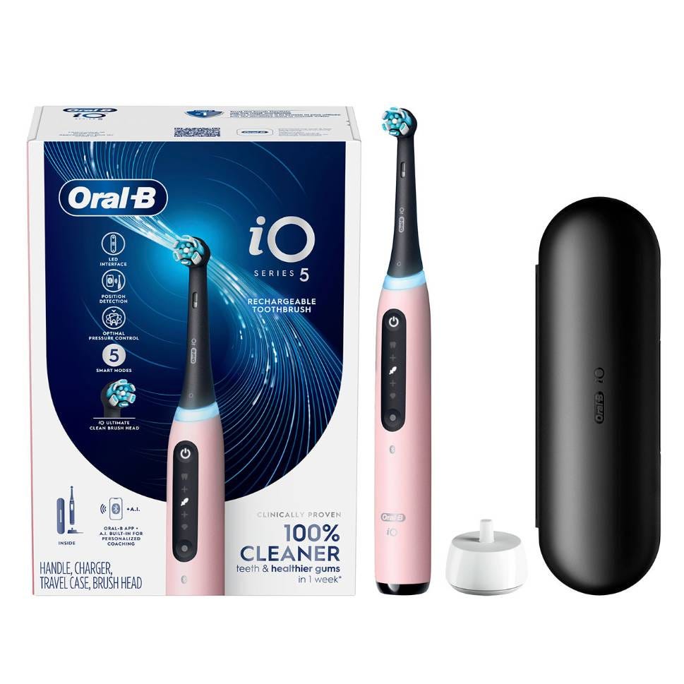 Oral-B iO Series 5 rechargeable electric toothbrush with a charger, travel case, and brush head depicted alongside its packaging.