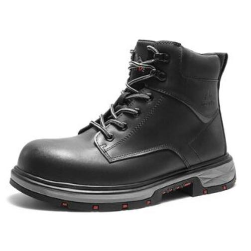 Black leather work boot with a high ankle, reinforced toe, and sturdy sole. Features include metal eyelets, gray laces, and a slip-resistant tread.