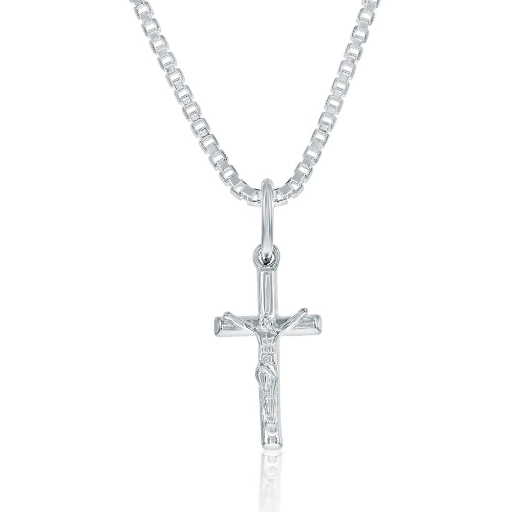 A silver crucifix pendant featuring a detailed depiction of Jesus on the cross, attached to a box chain.