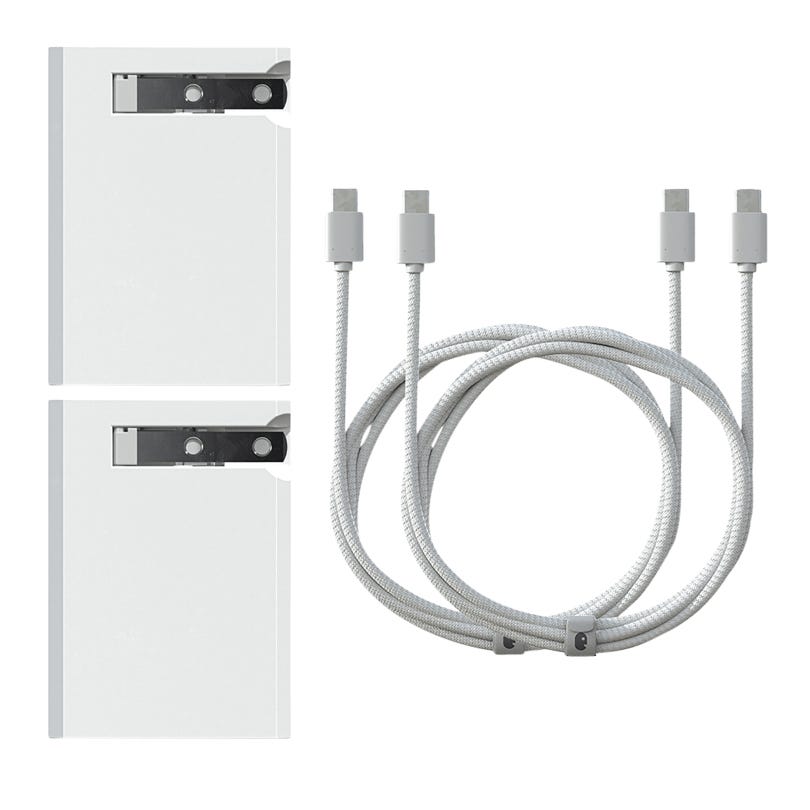 Two white, rectangular range hoods or vent panels with black fixtures, alongside a braided metal hose with three grey connectors.