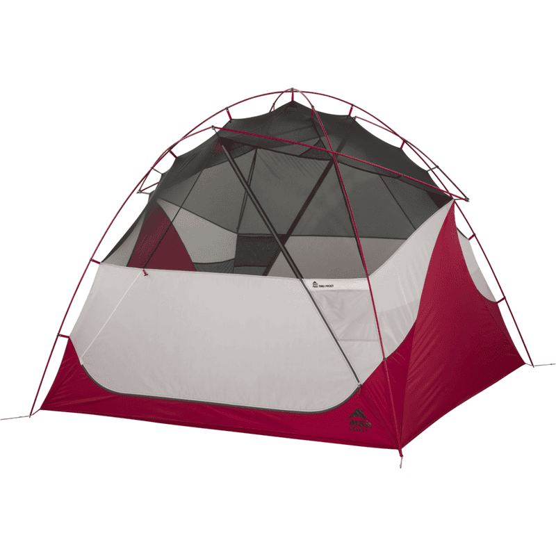 A maroon and gray MSR Habiscape 4-Person Tent with a partial mesh canopy and red poles.