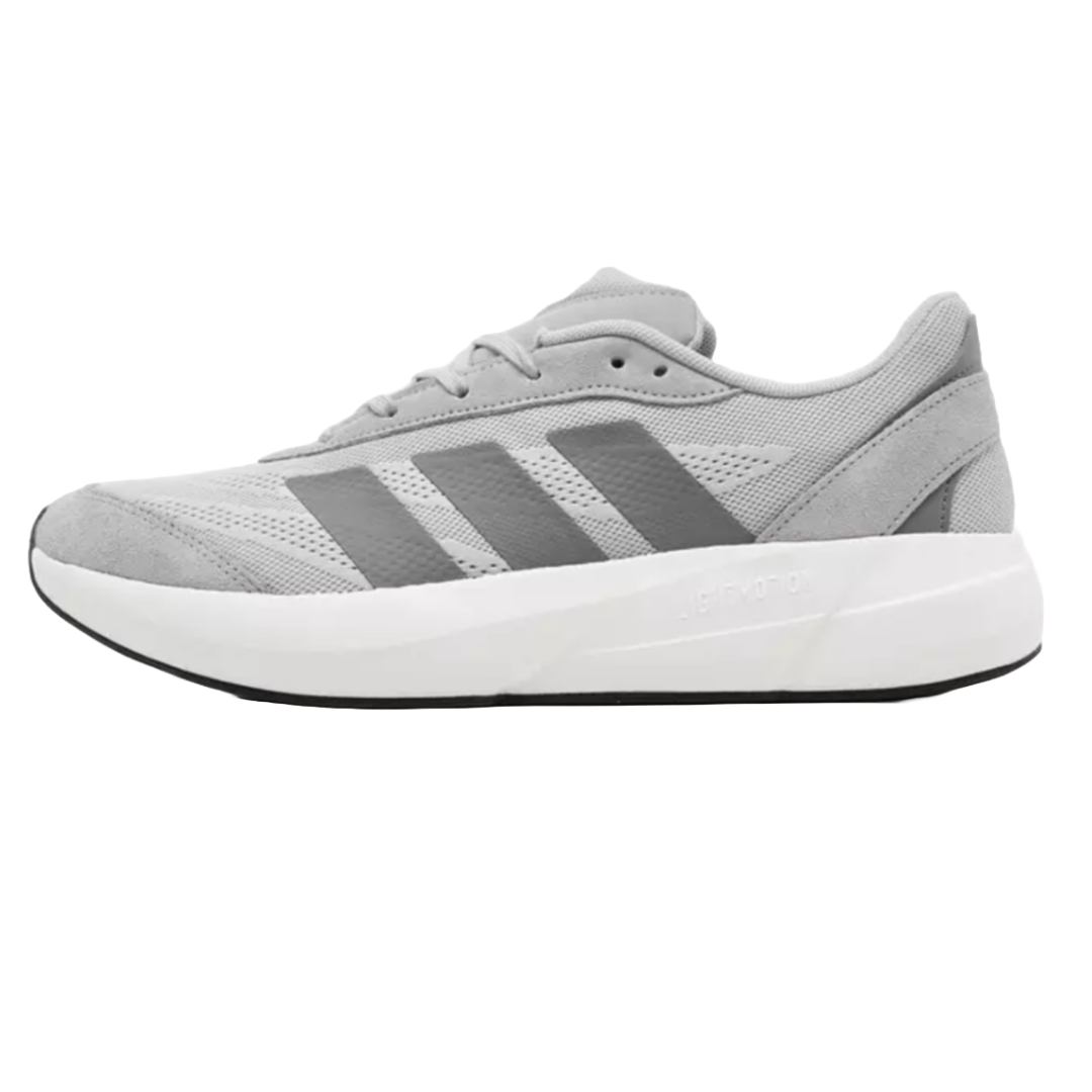 Adidas Lightshift Casual Shoes in light gray feature a mesh and suede upper with distinctive three-stripe detailing, a cushioned white midsole, and a black outsole, offering both style and comfort for everyday wear.