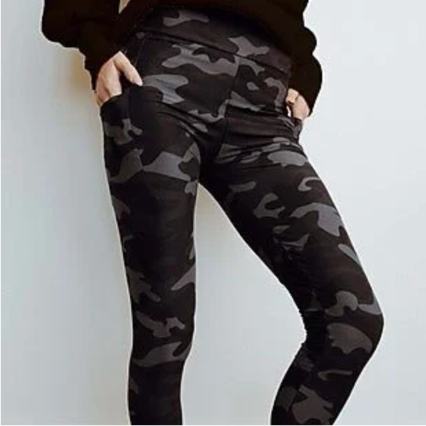 Camo pattern leggings with a distressed detail on the right knee.
