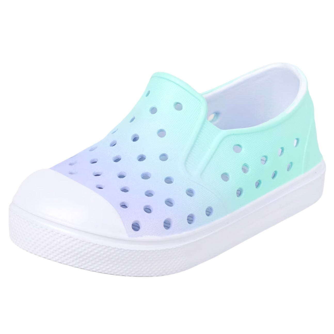 Toddler water shoes with a gradient green to purple design, featuring breathable perforations and a slip-on style. The shoe has a white toe cap and sole for durability.
