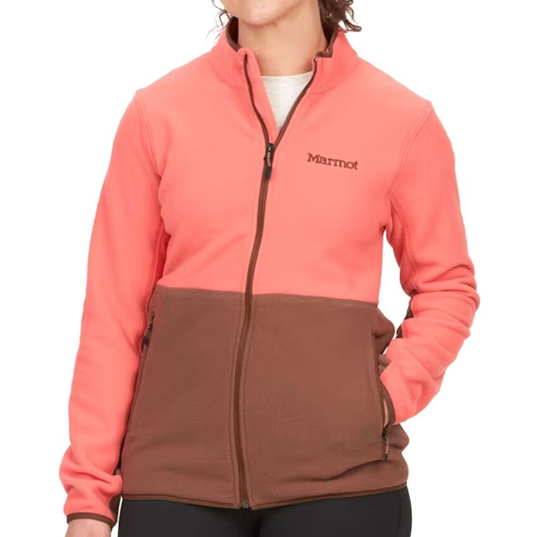 A two-tone jacket featuring a pink upper section and brown lower section, with a full front zipper and the Marmot logo on the chest.