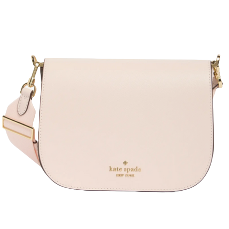 A light pink Kate Spade New York crossbody bag with gold hardware and a wide adjustable strap.