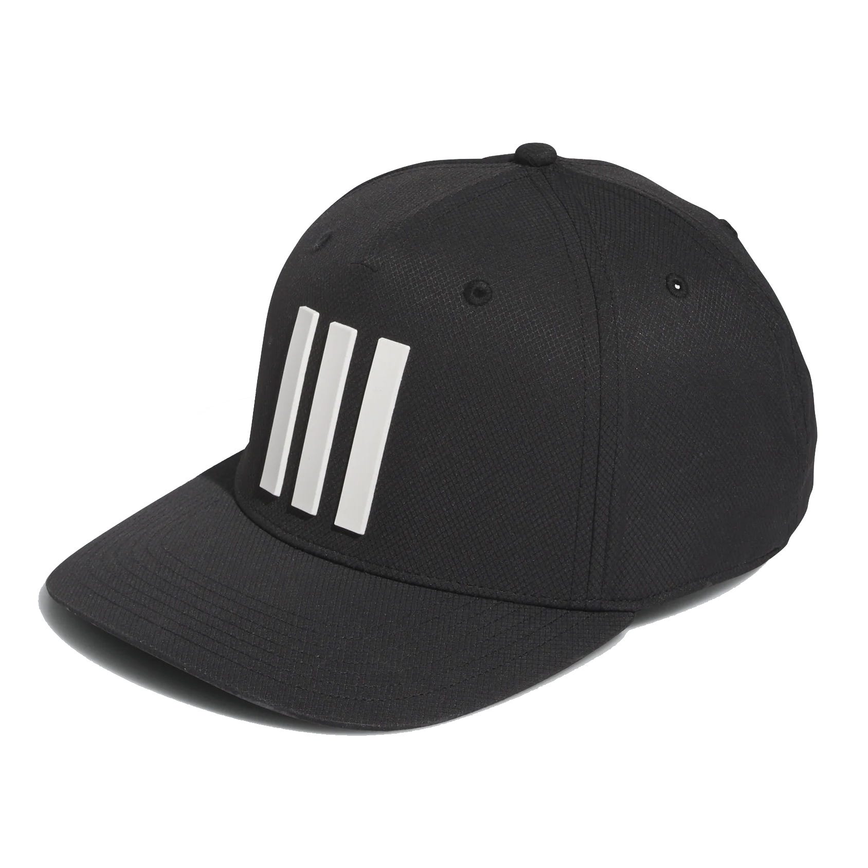 Black Adidas Men's 3-Stripes Tour Hat featuring the iconic three stripes in white on the front, with a classic curved brim and breathable fabric.