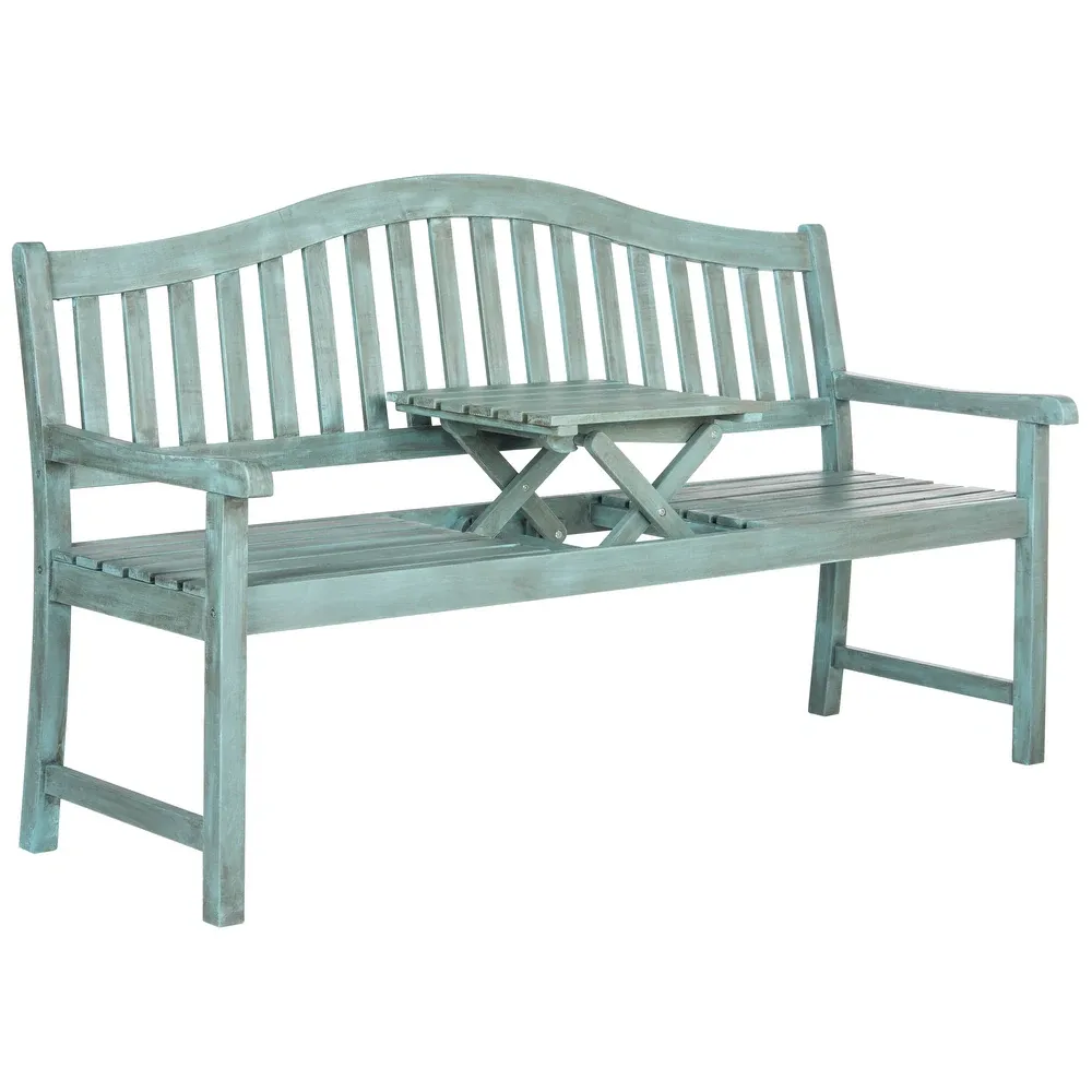 A light blue wooden bench with an integrated foldable table in the center and a slatted back design, suitable for outdoor settings.