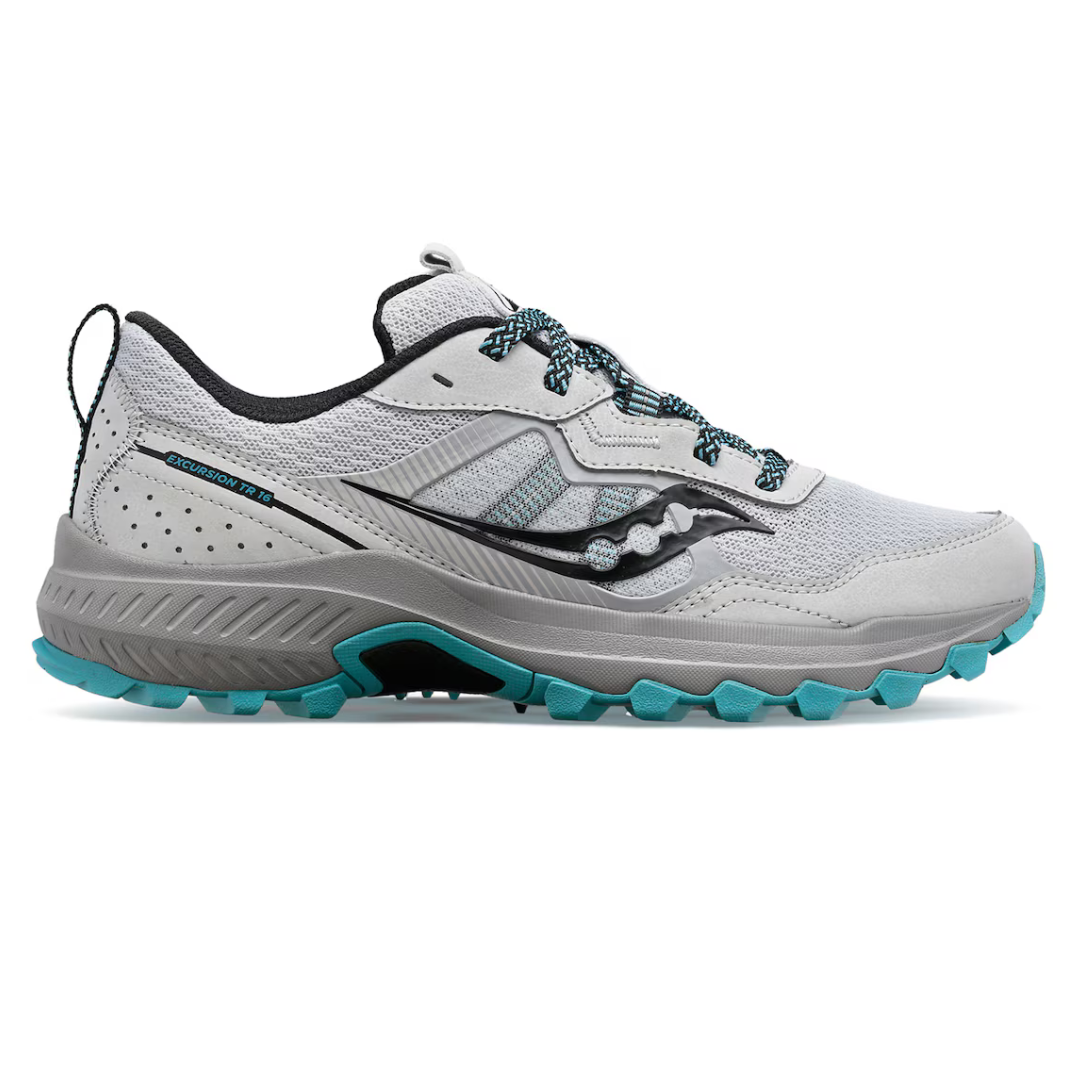 A single white and gray trail running shoe with teal accents.