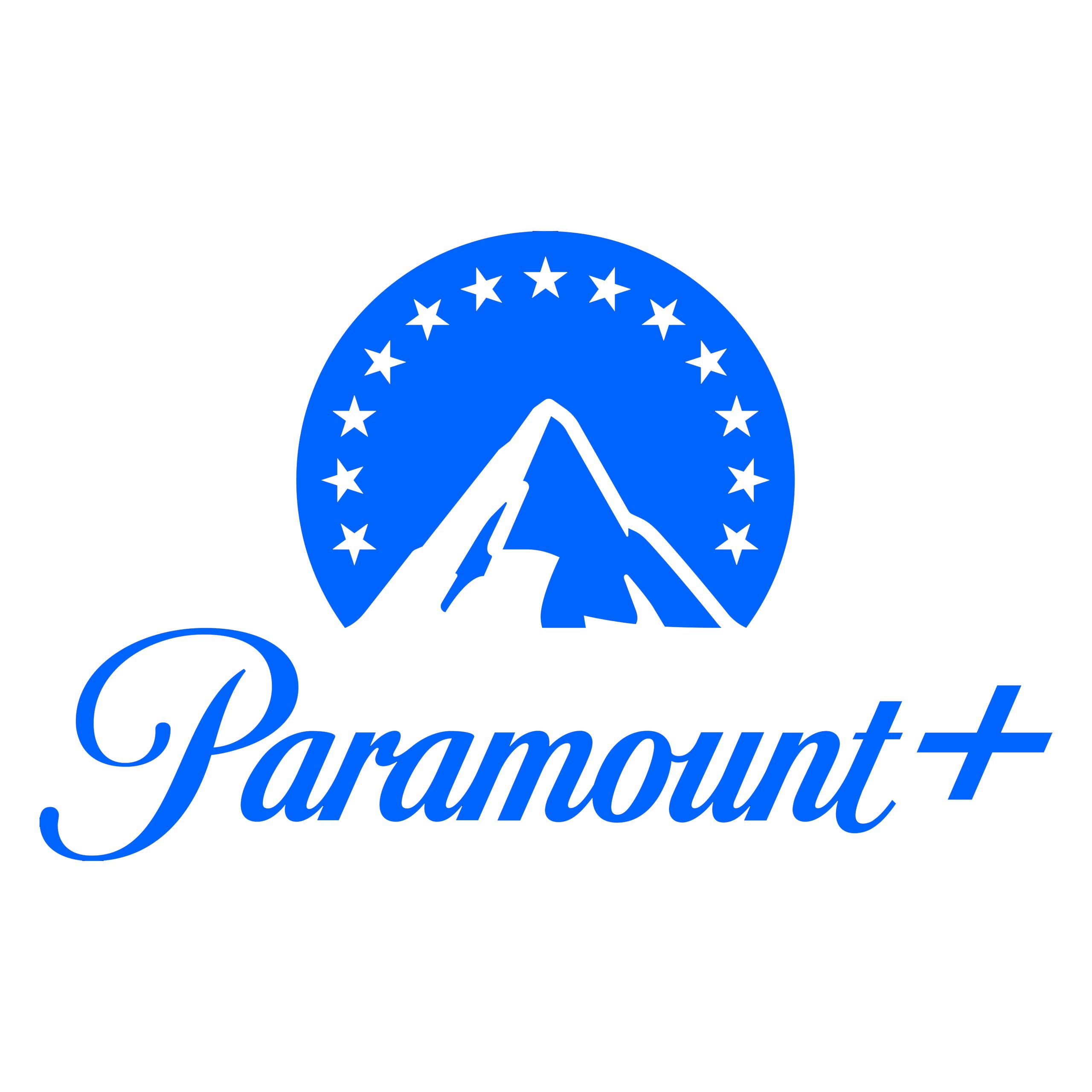 Logo of Paramount Plus, depicting a blue mountain peak encircled by stars with the service's name beside it.