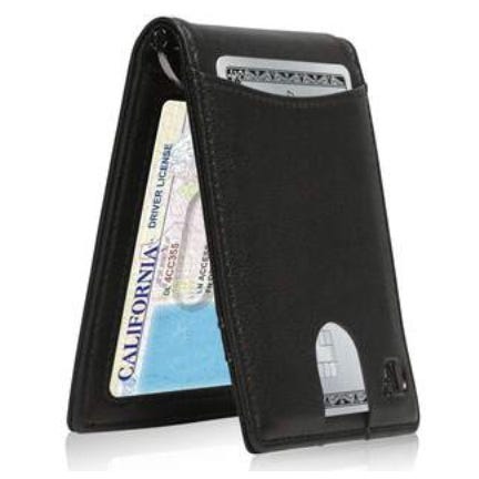 Black leather bifold wallet with visible cards, one being a California Driver License, and a money clip on the right for bills.
