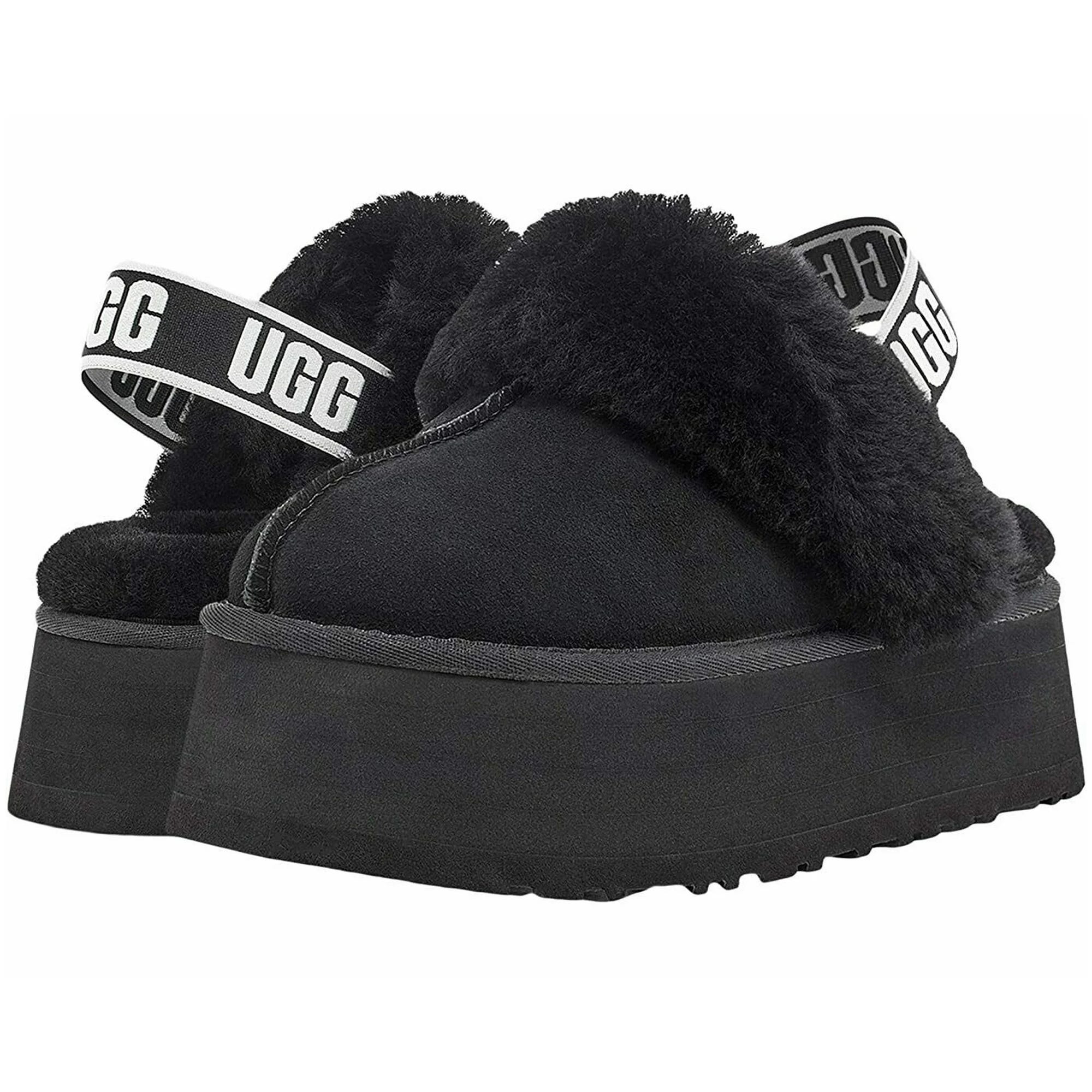 Black UGG Funkette Slippers with a fluffy upper, thick platform sole, and branded elastic strap at the back. They combine plush comfort with a bold, elevated design.