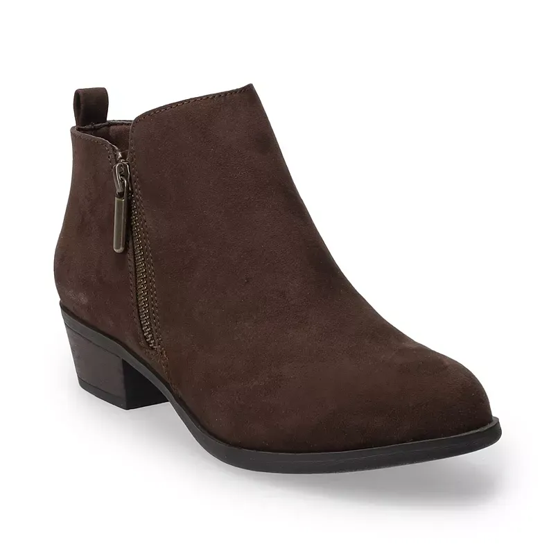 A brown ankle boot with a low heel and side zipper.