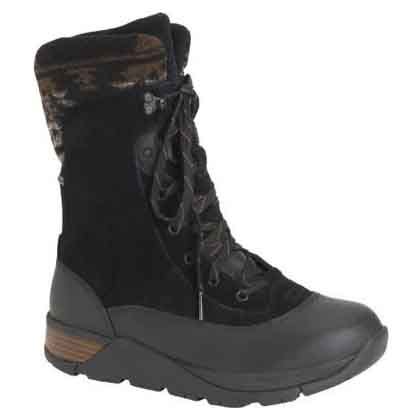 Black lace-up boots with a suede upper and a sturdy, rubberized sole, featuring a cushioned ankle collar with a camouflage pattern for added style and support.