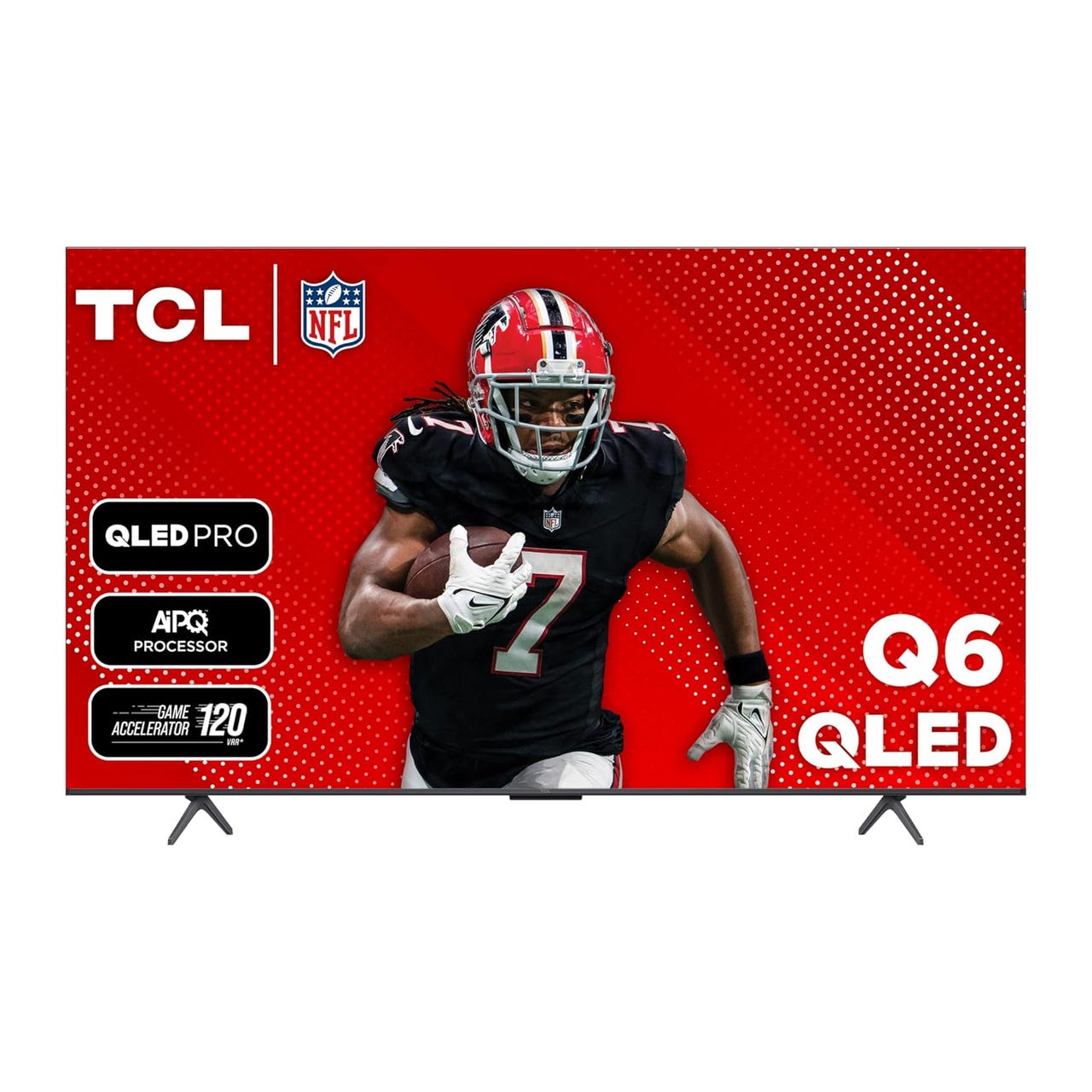 TCL 65\“ 4K QLED TV features QLED Pro technology, AiPQ Processor, and Game Accelerator 120 for enhanced viewing and gaming experiences. Includes NFL branding and showcases a football player.