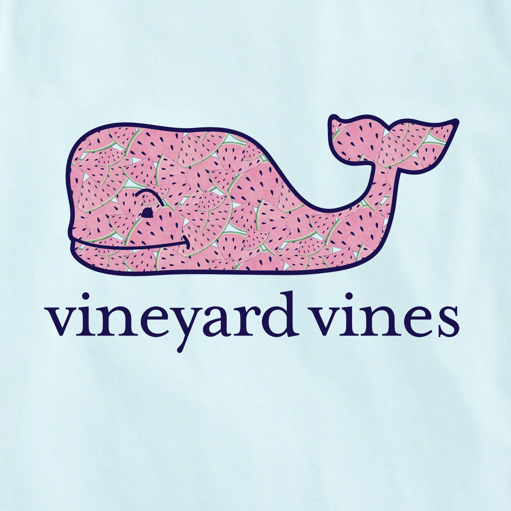 Light blue tee featuring a pink whale made of watermelon slices, with the text \“vineyard vines\“ in dark blue underneath.