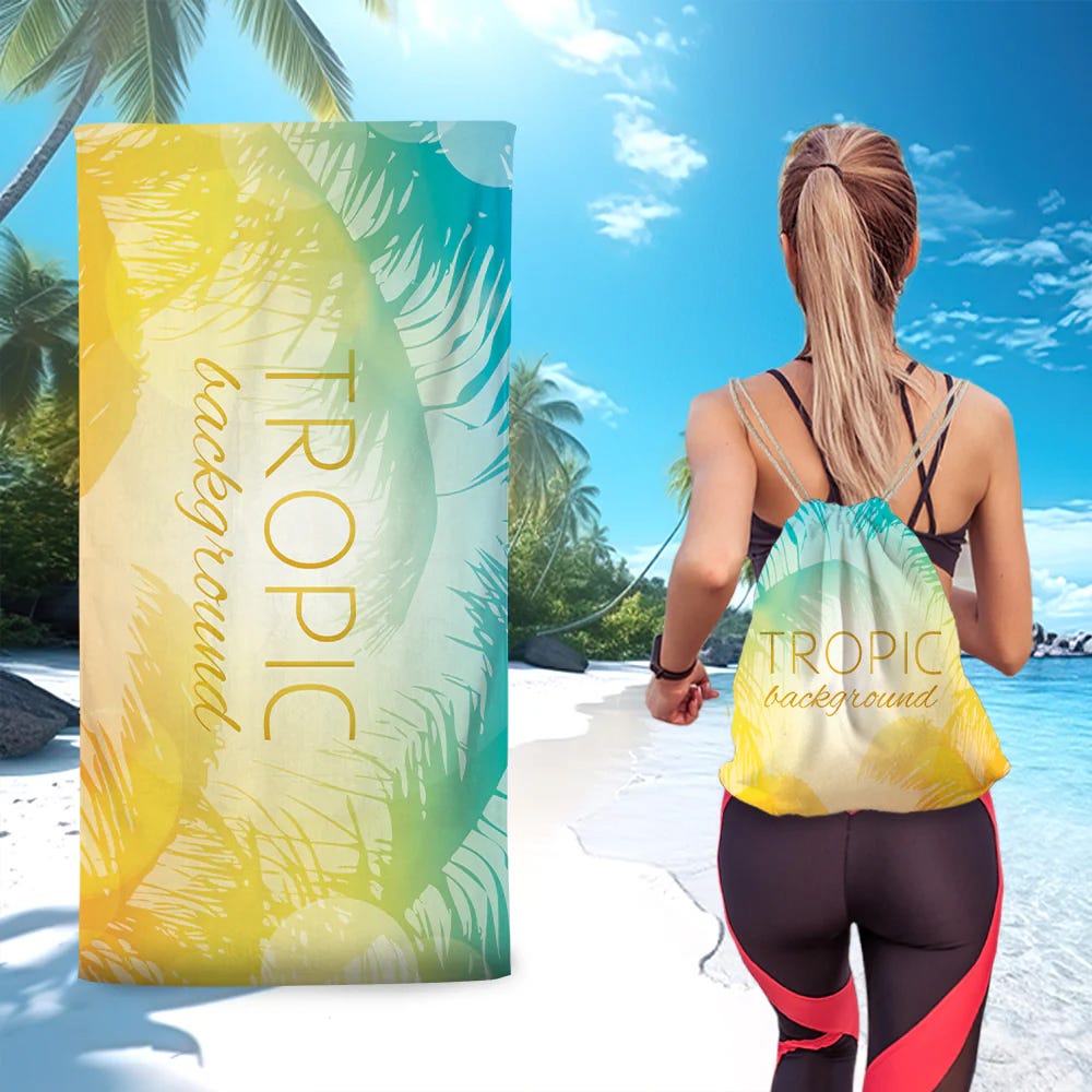 A tropical-themed beach towel alongside a woman wearing athletic attire carries a matching tropical-design drawstring bag.