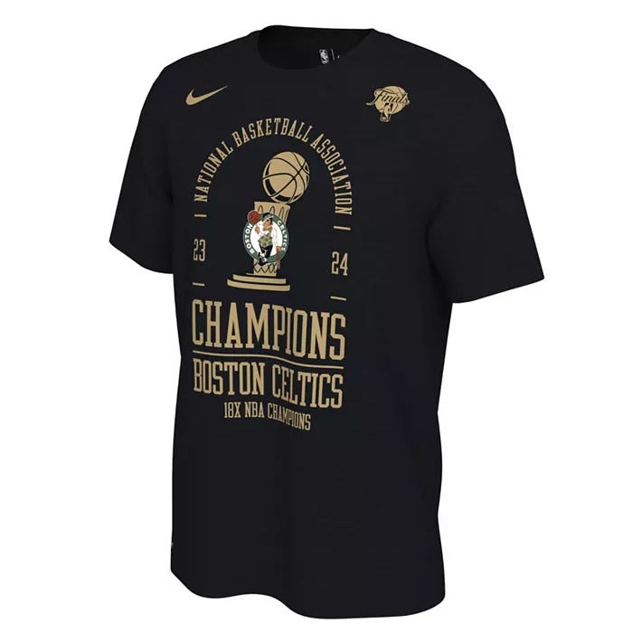 Black Boston Celtics championship T-shirt with gold graphics.