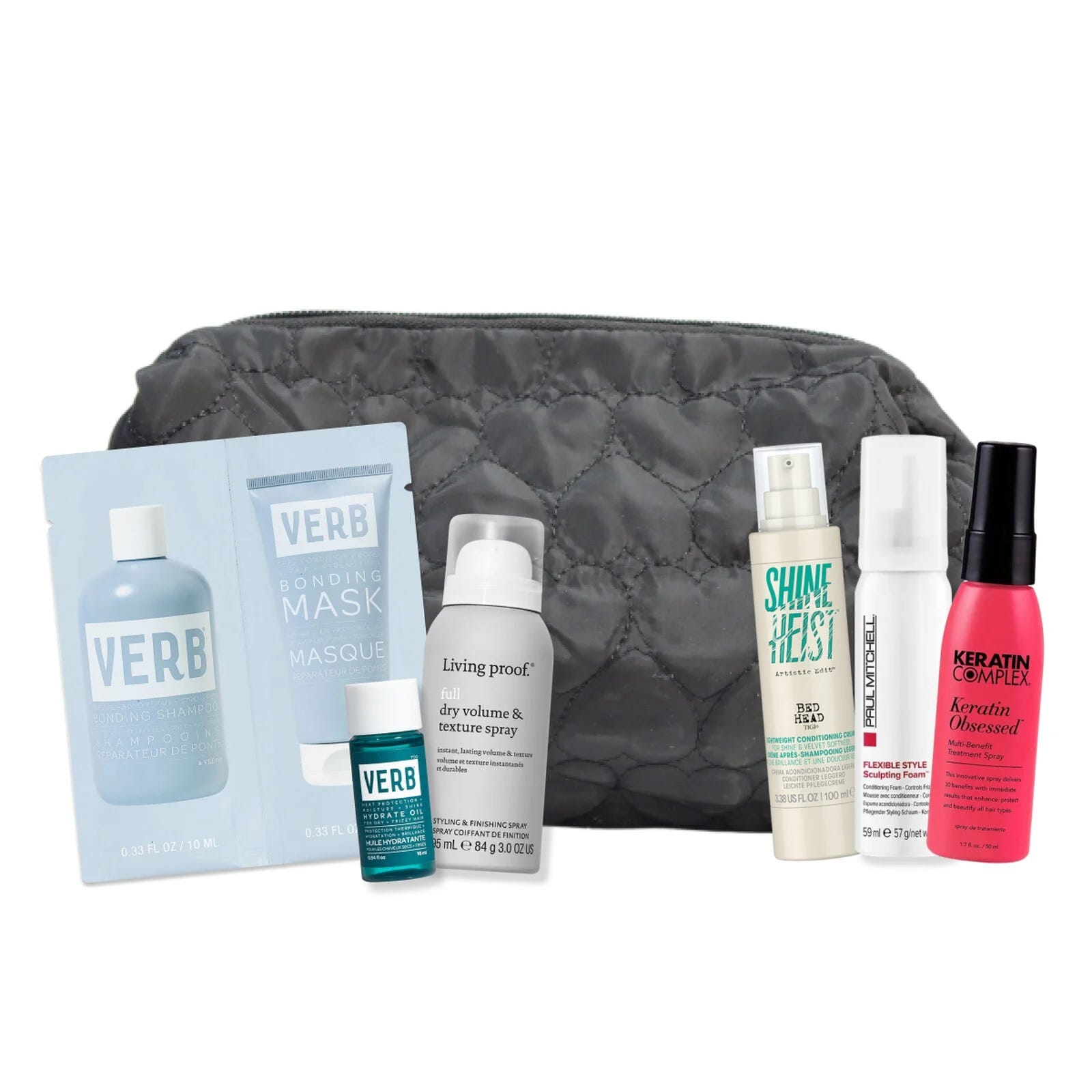 Haircare set with VERB Bonding Shampoo and Mask, Living Proof Dry Volume & Texture Spray, SHINE HEIST Conditioning Spray, Paul Mitchell Sculpting Foam, and Keratin Complex Keratin Obsessed Treatment Spray, all contained in a quilted gray pouch.