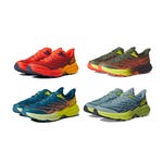 Four pairs of HOKA running shoes in different color combinations.