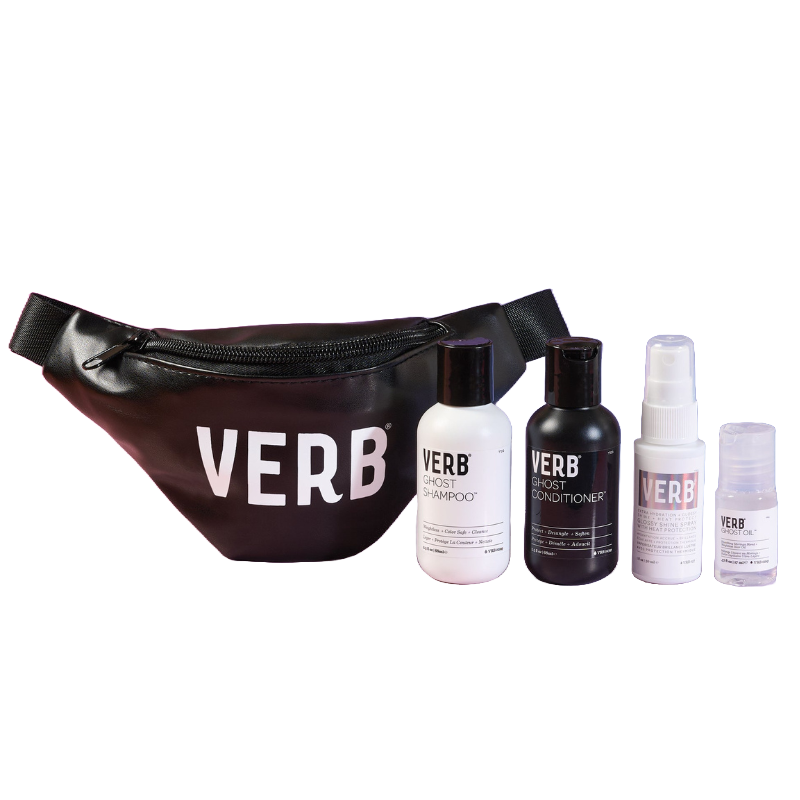 Verb Smooth Travels Kit includes a black pouch with Verb branding, Ghost Shampoo, Ghost Conditioner, and small bottles of styling products, providing a compact haircare solution for travel.