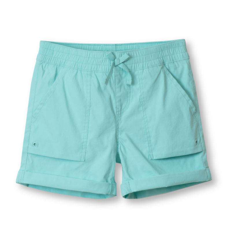 Light blue girls' shorts featuring an elastic waistband with a drawstring, two side pockets, and folded hems.