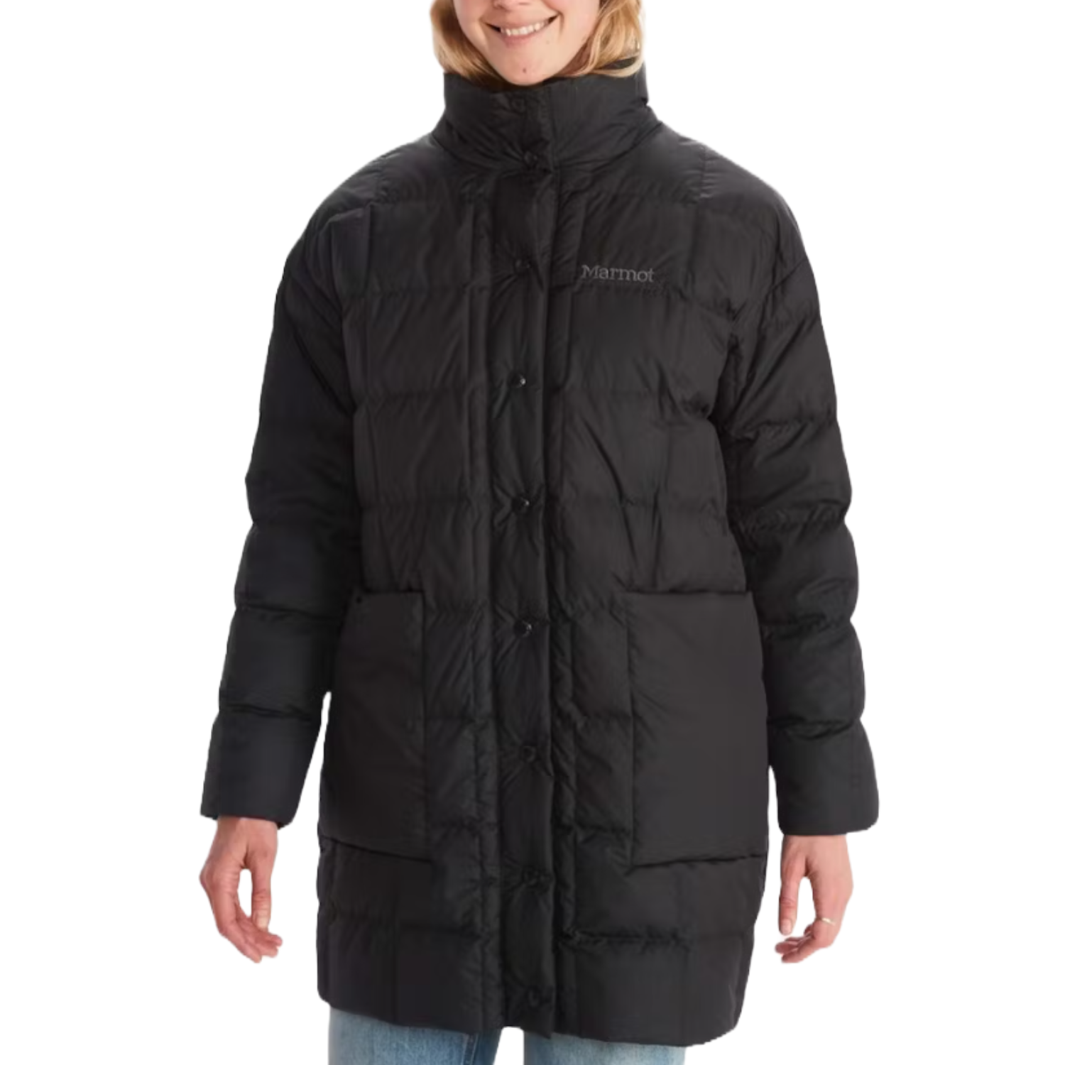 The Marmot Strollbridge Coat is a black, long puffer jacket with a high neck and large front pockets, featuring button closures.