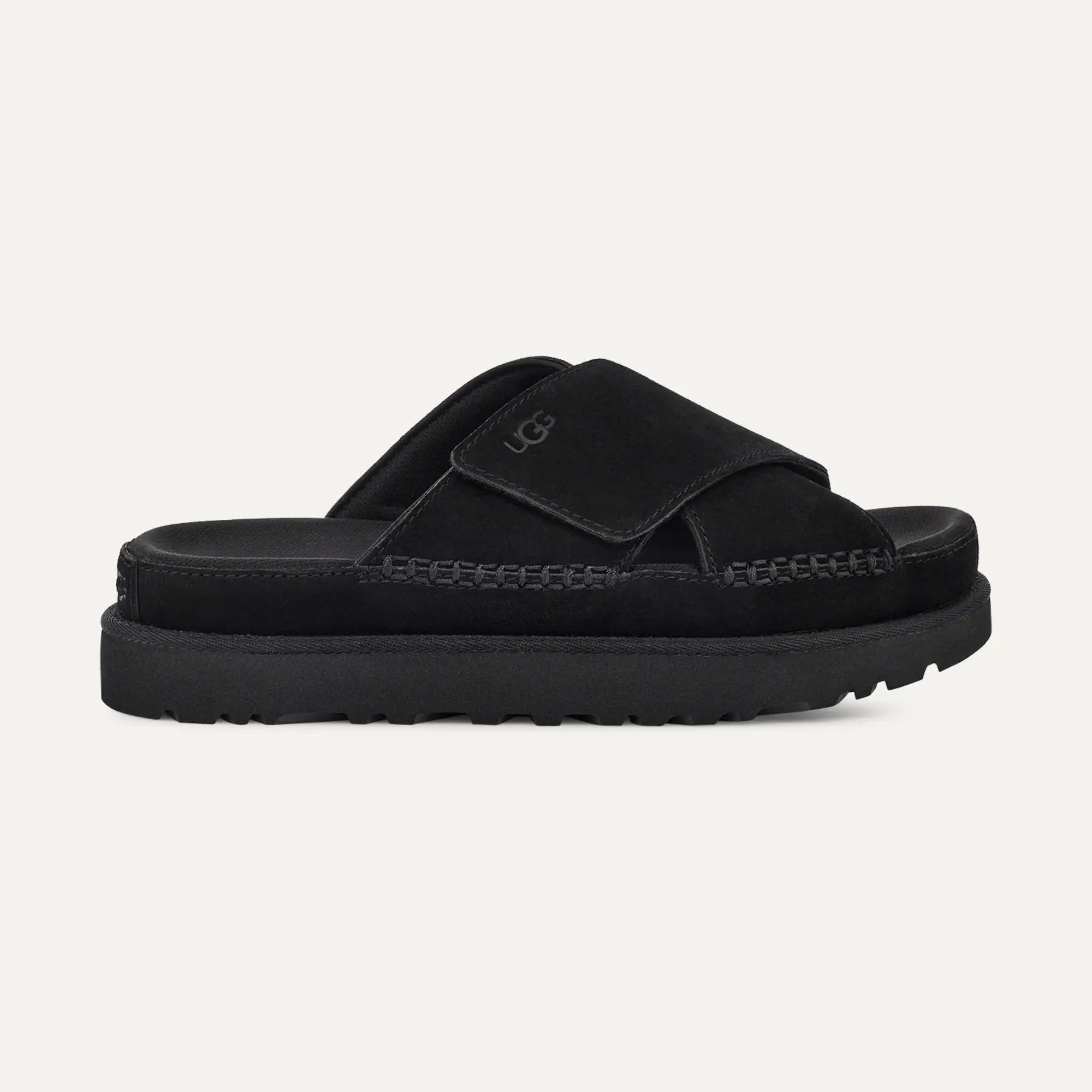Black UGG slides featuring a crisscross strap design with visible brand logo and a chunky platform sole.