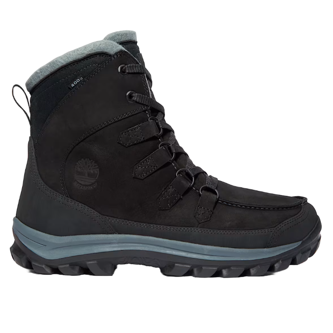 Timberland Men's Chillberg Boots in black feature a sturdy design with a high top, cushioned collar, waterproof leather, and a durable rubber sole for enhanced grip and comfort.