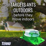 A Terro Outdoor Ant Bait station is shown on grass, designed to attract and kill ants before they enter indoors, with a clear depiction of ants and a residential background.