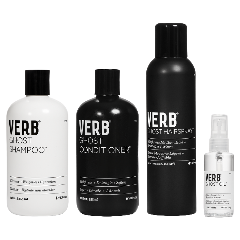 Four Verb hair care products are displayed: Ghost Shampoo, Ghost Conditioner, Ghost Hairspray, and a small Ghost Oil bottle, each in black and white packaging.