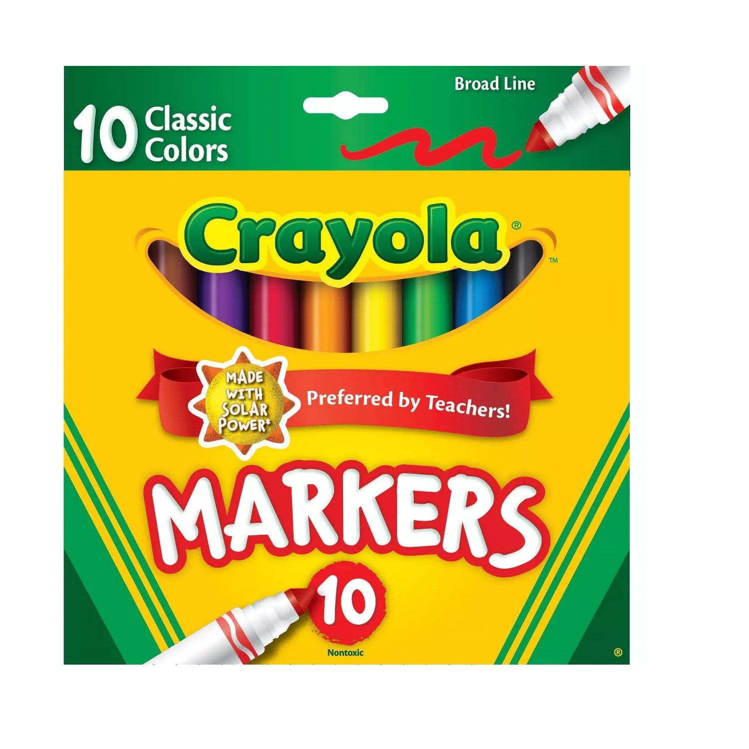 Crayola Markers, 10 Classic Colors, Broad Line, Made with Solar Power, Non-toxic, preferred by teachers.