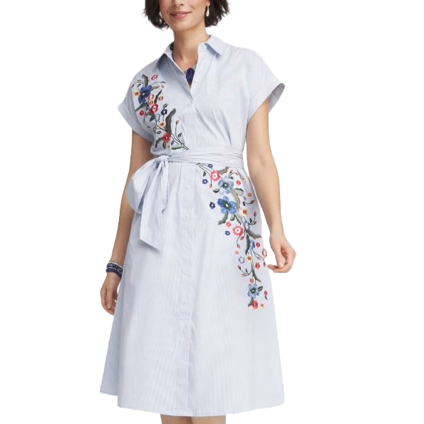 A light blue belted shirtdress with floral embroidery on the top right and lower left, featuring short sleeves and a collar.