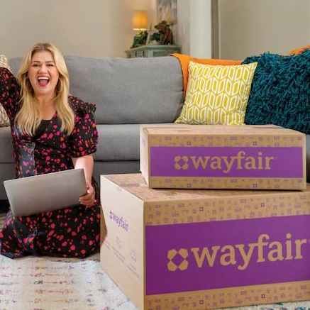 A smiling woman is sitting next to two Wayfair boxes on a couch.