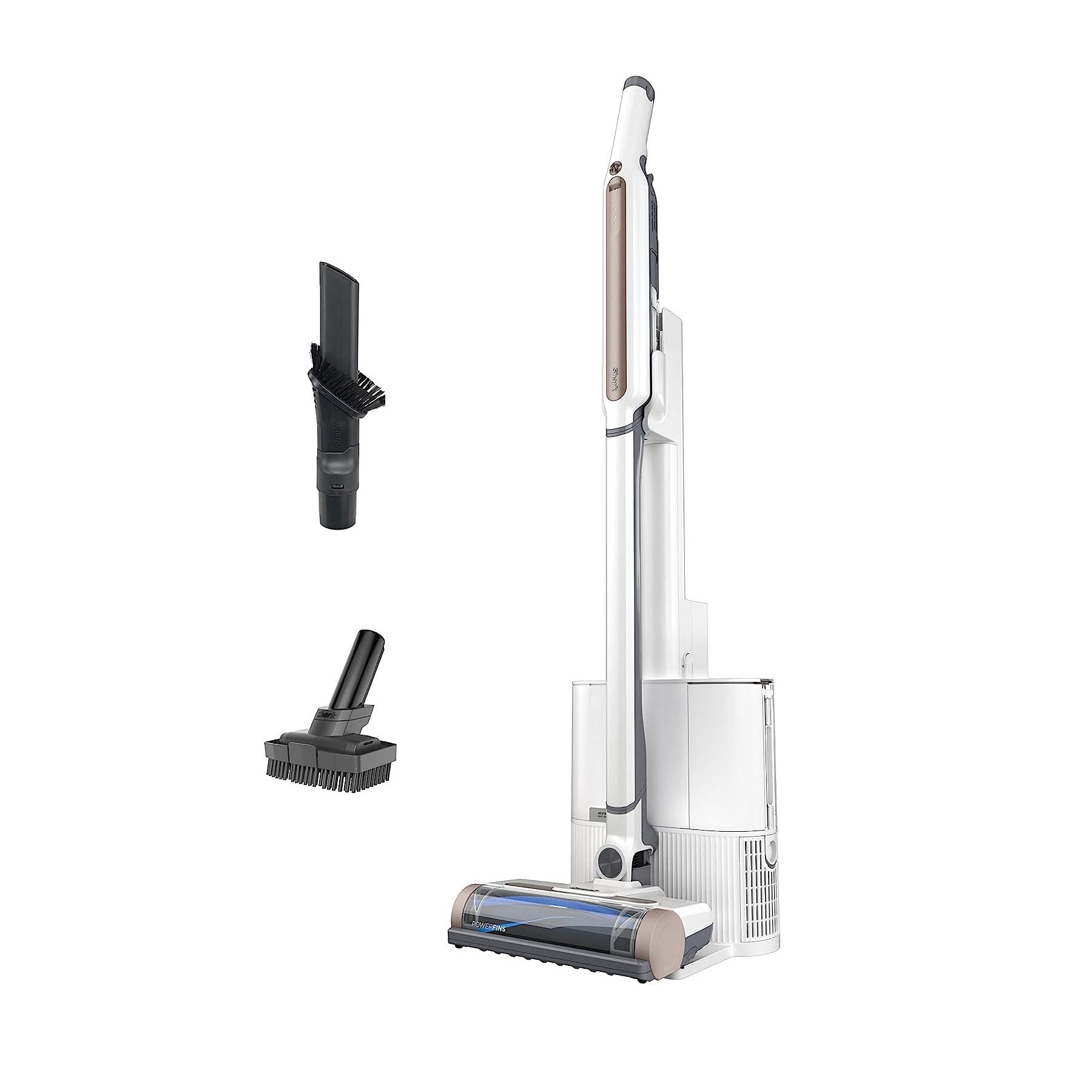 A cordless stick vacuum cleaner with detachable handheld attachments.