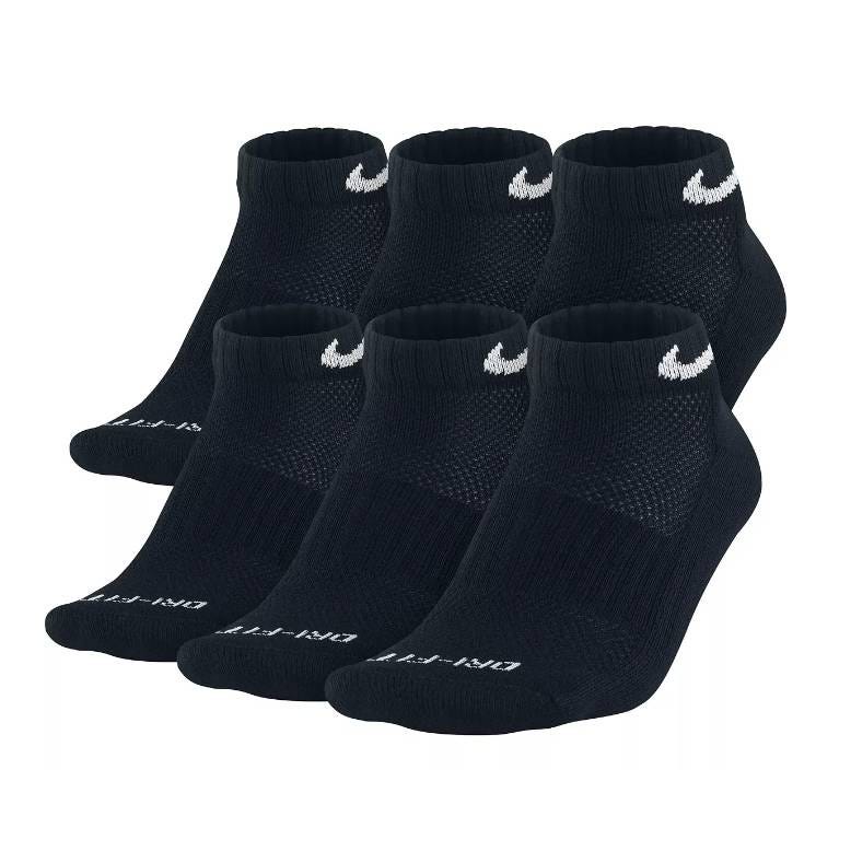 Six pairs of black ankle socks with a white logo on each cuff and text across the toe area.