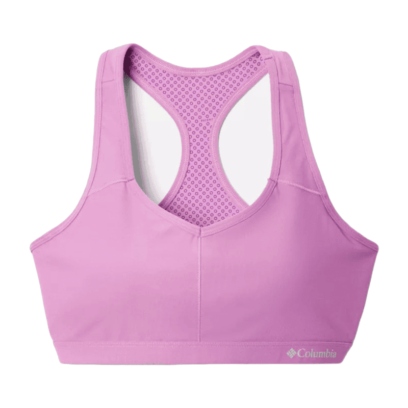 Light pink Columbia sports bra with a mesh racerback design and the Columbia logo on the bottom band.