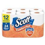 Scott ComfortPlus Toilet Paper, 12 Double Rolls packaging, stating the rolls equal 24 regular rolls and highlighting strength and comfort.